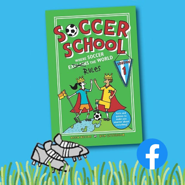 Soccer School book on with soccer cleats and facebook logo